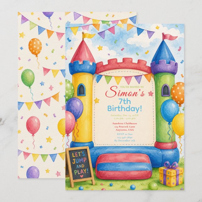 Colourful Bouncy Castle Party Invitation (Front/Back)