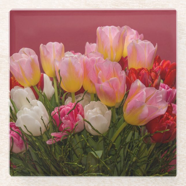 Colourful Bouquet of Tulips Glass Coaster (Front)
