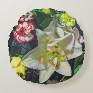Colourful bouquet with lily round pillow
