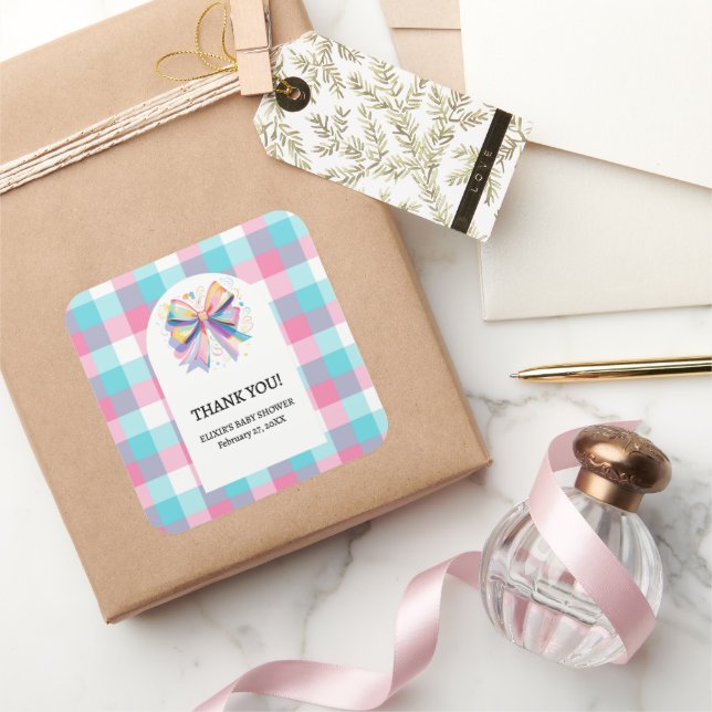 Colourful Bow Baby Shower Square Sticker (Gifting)