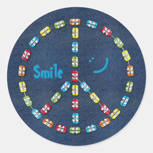 Colourful Braces Peace sign Smile and Denim Classic Round Sticker (Front)