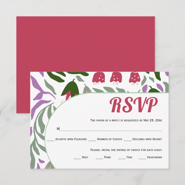 Colourful branches and flowers boho retro wedding RSVP card (Front/Back)