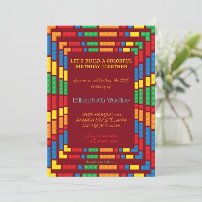 Colourful Bricks Building Blocks Birthday Party  Invitation (Standing Front)