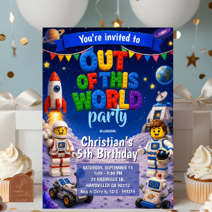 Colourful Bricks Out of this world space birthday Invitation