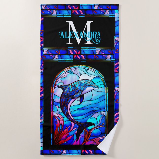 Colourful Bright Blue Dolphin Look of Stained Glas Beach Towel (Front)