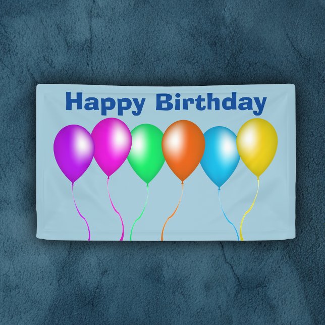 Colourful Bright Bunch of Balloons Banner (Happy Birthday blue banner with row of colourful festive balloons with streamers.)