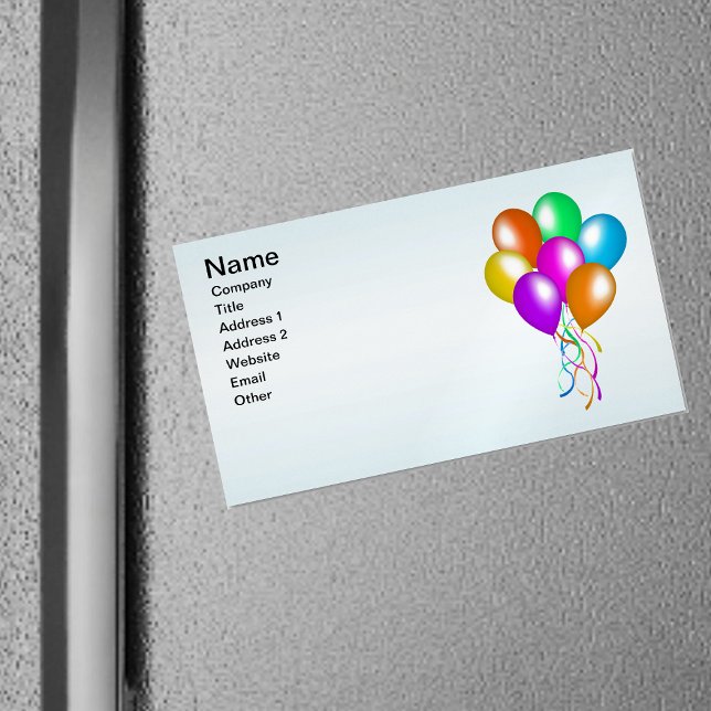 Colourful Bright Bunch of Balloons Magnetic Business Card (Bunch colourful bright balloons with streamers on light blue magnetic business card.)