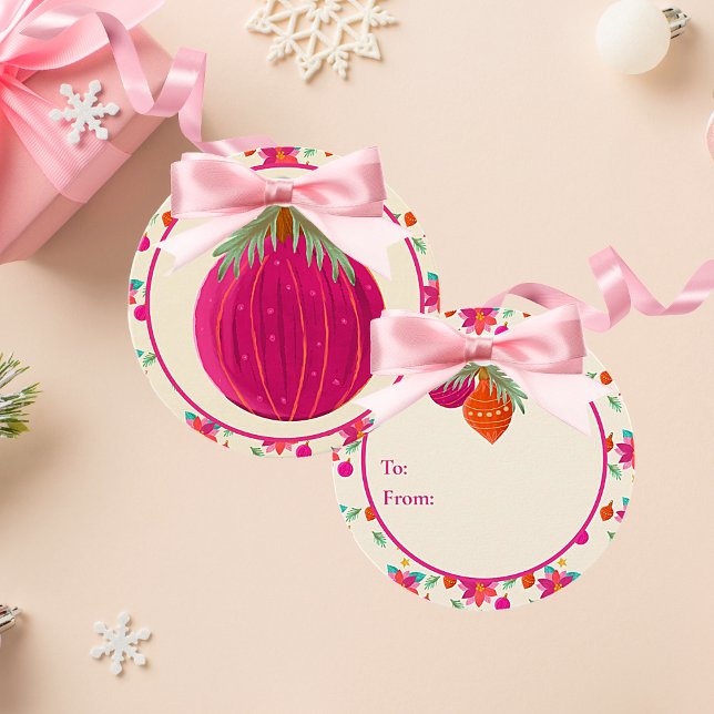 Colourful Bright Christmas  Favour Tags (Colorful bright hot pink Christmas ornament with festive holiday details.)
