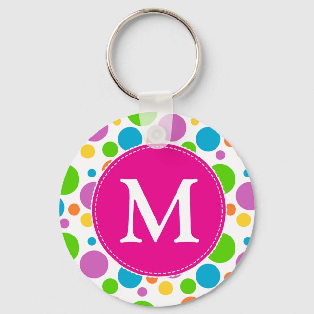Colourful Bright Dots Pattern Pink Monogram Keychain (Front)