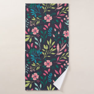 Colourful bright floral print with flowers and lea bath towel