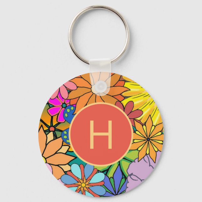 Colourful Bright Flower Power Monogram Keychain (Front)