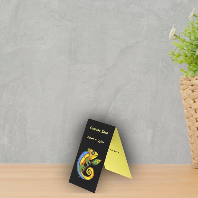 Colourful Bright Lizard Branch Leaf Black Yellow Business Card (Brightly coloured fantasy lizard holding leaf on black and yellow standing business card.)