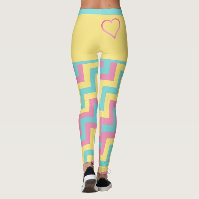 Colourful Bright Modern Geometric Chevron w/ Heart Leggings (Back)