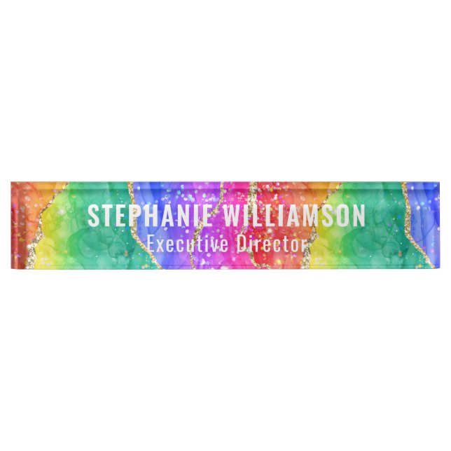 Colourful Bright Rainbow Glitter Gold Nameplate (Front)