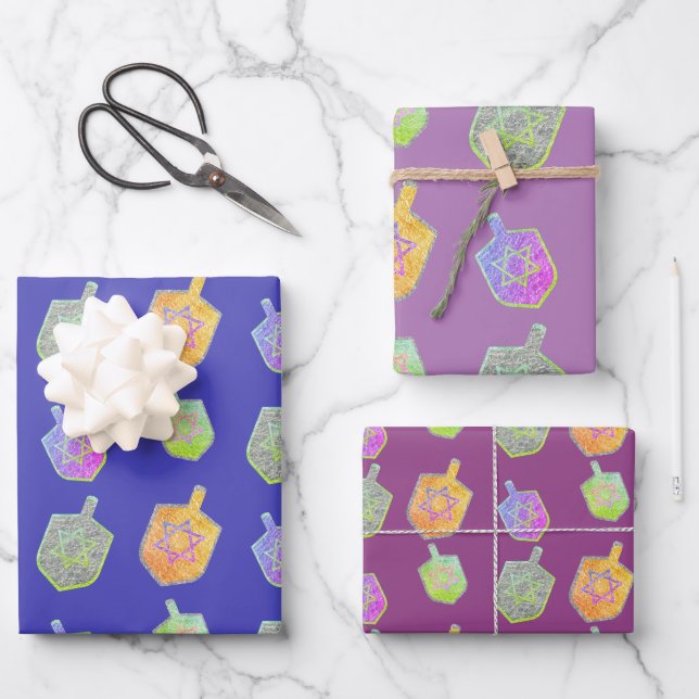 Colourful Bright Spinning Dreidels Purple Hanukkah Wrapping Paper Sheet (Front)