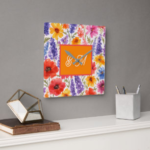 colourful Bright Summer floral Garden bloom Square Wall Clock