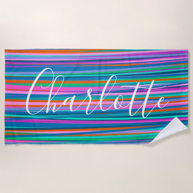 Colourful Bright Vibrant Stripes Personalized Name Beach Towel (Front)