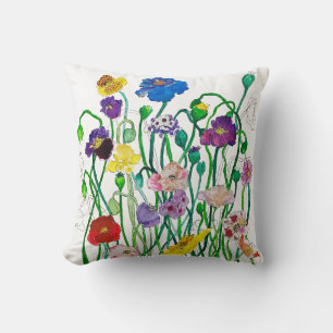 Colourful Bright Wild Poppy Watercolor  Throw Pillow