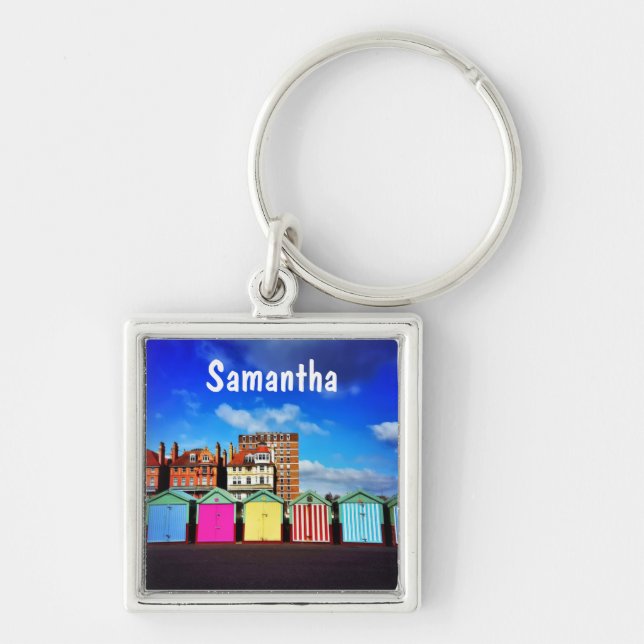 Colourful Brighton and Hove Summer Beach Huts Keychain (Front)