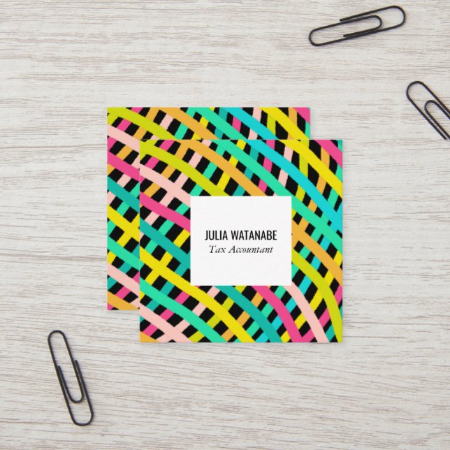 Colourful Brights Minimalist Basketweave Handmade Square Business Card (Front/Back In Situ)