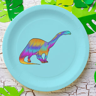 Colourful Brontosaurus Psychedelic Dinosaur Art Paper Plate