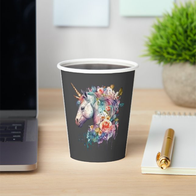 Colourful Brown Background Floral Unicorn Paper Cups (Insitu)