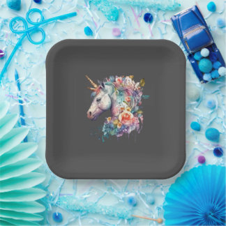 Colourful Brown Background Floral Unicorn Paper Plate