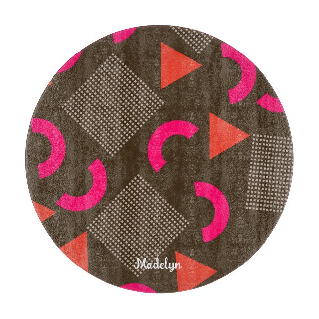 Colourful Brown Fuchsia Geometric Personalized Nam Cutting Board (Front)