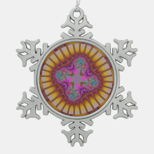 Colourful Brown, Gold and Purple Fractal Snowflake Pewter Christmas Ornament