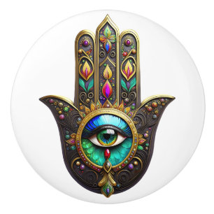 Colourful Brown Gold Hamsa Rainbow Colour Third Ey Ceramic Knob