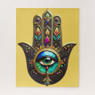 Colourful Brown Gold Hamsa Rainbow Colour Third Ey Jigsaw Puzzle