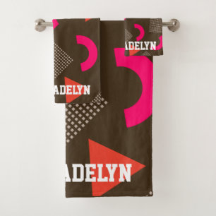 Colourful Brown Orange Geometric Personalized Name Bath Towel Set