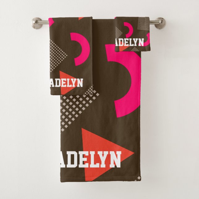 Colourful Brown Orange Geometric Personalized Name Bath Towel Set (Insitu)