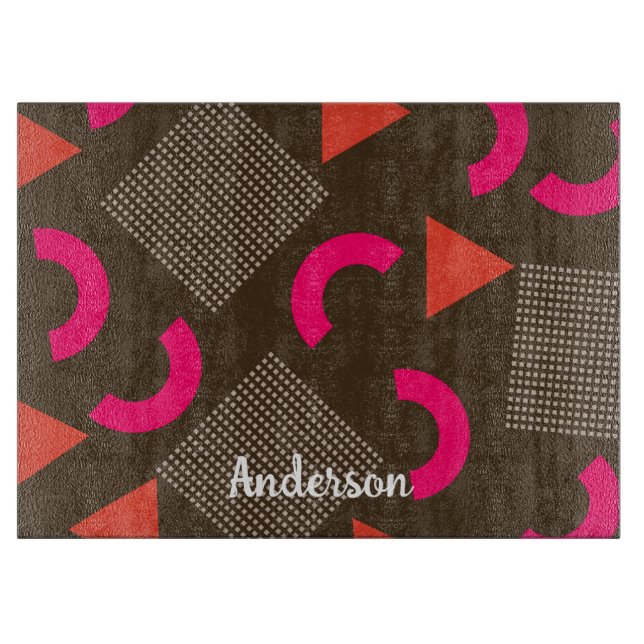 Colourful Brown Orange Geometric Personalized Name Cutting Board (Front)