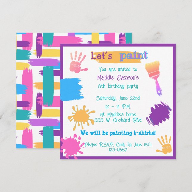 Colourful Brush Strokes birthday paint party invit Invitation (Front/Back)