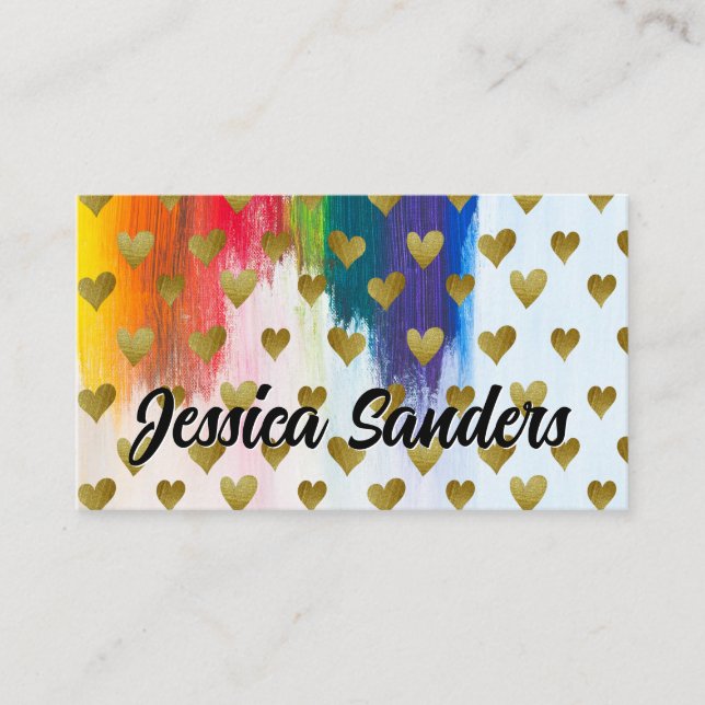 Colourful | Brush Strokes | Gold Hearts Pattern Business Card (Front)