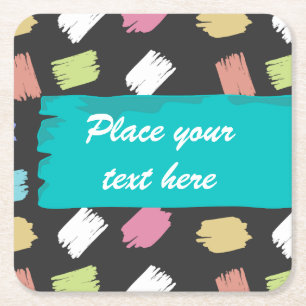 Colourful Brush Strokes on Black Custom Text Square Paper Coaster