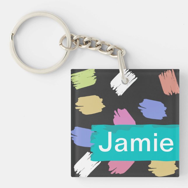 Colourful Brush Strokes on Black Personalised Keychain (Front)