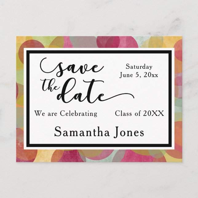 Colourful Bubbles Design: Graduation Save the Date Postcard (Front)