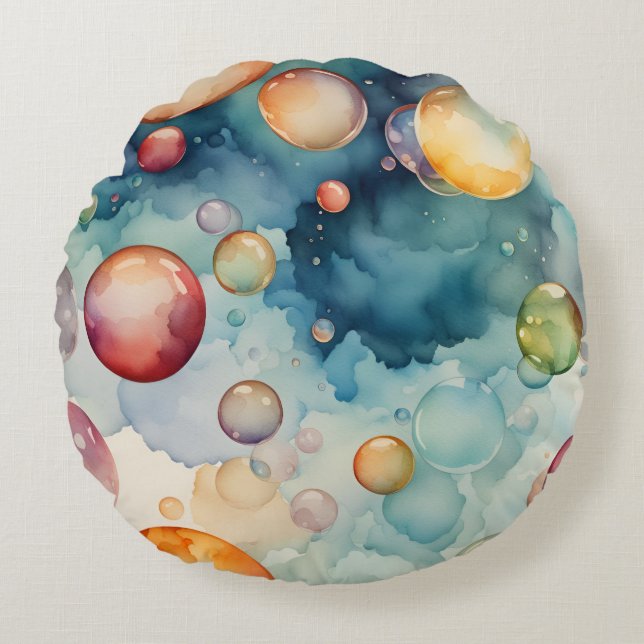Colourful Bubbles Watercolor Art  Round Pillow (Front)