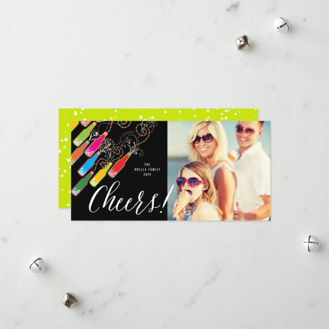 Colourful Bubbly Bottles Cheers Fun New Year Photo Holiday Card (Front/Back In Situ)