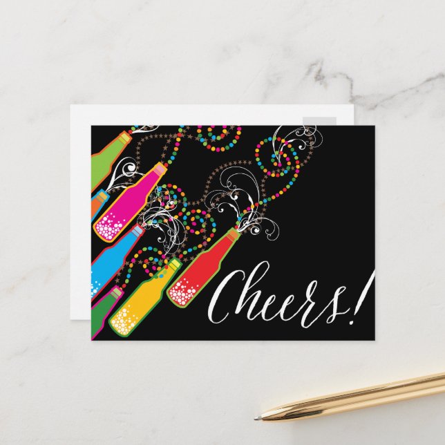 Colourful Bubbly Bottles Modern Cheers Fun New Yea Holiday Postcard (Front/Back In Situ)