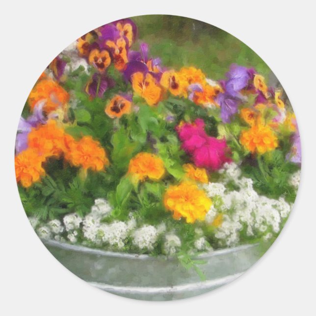 Colourful Bucket of Flowers Classic Round Sticker (Front)
