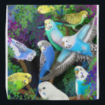 Colourful Budgerigar Parrots in Ferns Bandana<br><div class="desc">Original fine art design of colourful budgie or Budgerigar parrots in ferns by artist Carolyn McFann of Two Purring Cats Studio printed on a quality bandana for parrot lovers.</div>