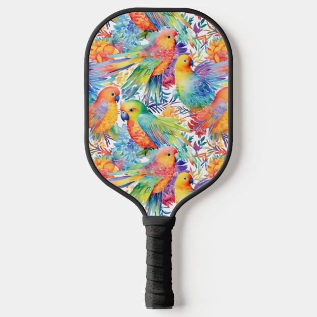 Colourful budgies pattern pickleball paddle (Front)