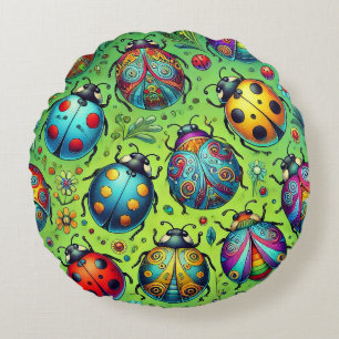 Colourful bugs round pillow
