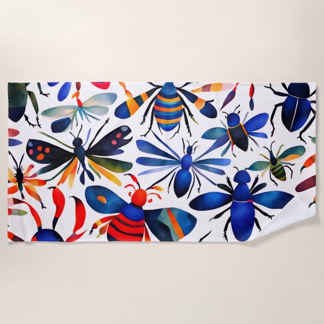 Colourful Bugs Whimsical watercolor Insects Art  Beach Towel (Front)