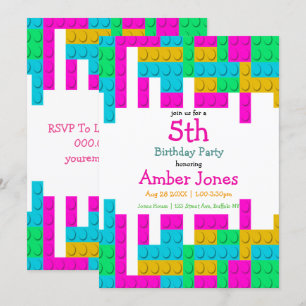 Colourful Building Block Girl Birthday Party Invit
