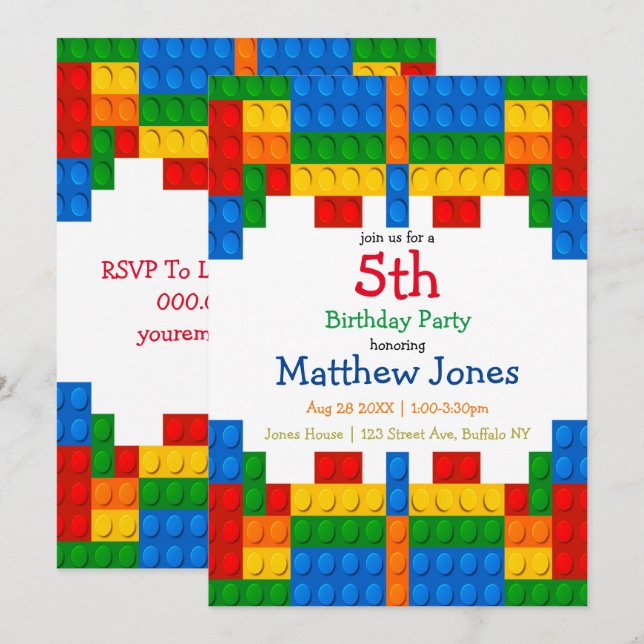 Colourful Building Blocks Boy Birthday Party Invit (Front/Back)