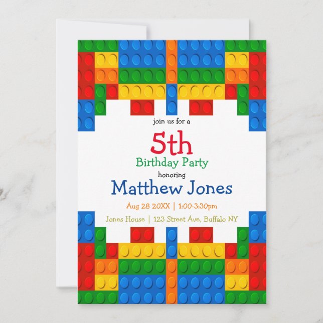 Colourful Building Blocks Boy Birthday Party Invit Invitation (Front)